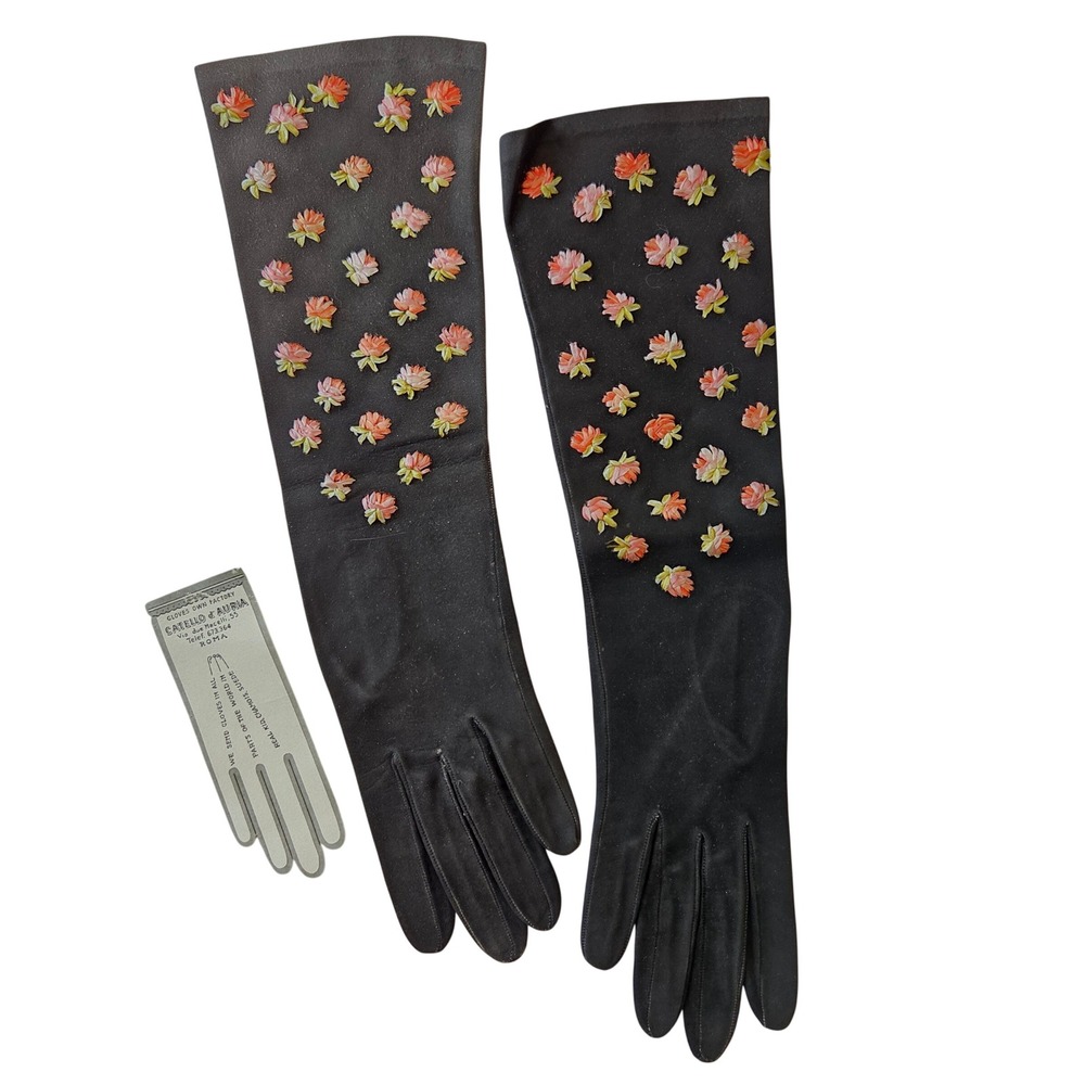 Catello dAuria Roma Vintage Black Suede Opera Gloves Ribbon Floral Embroidery